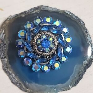 Vintage Blue Navette Aurora Rhinestone Floral Or Starburst Motif Brooch Pin